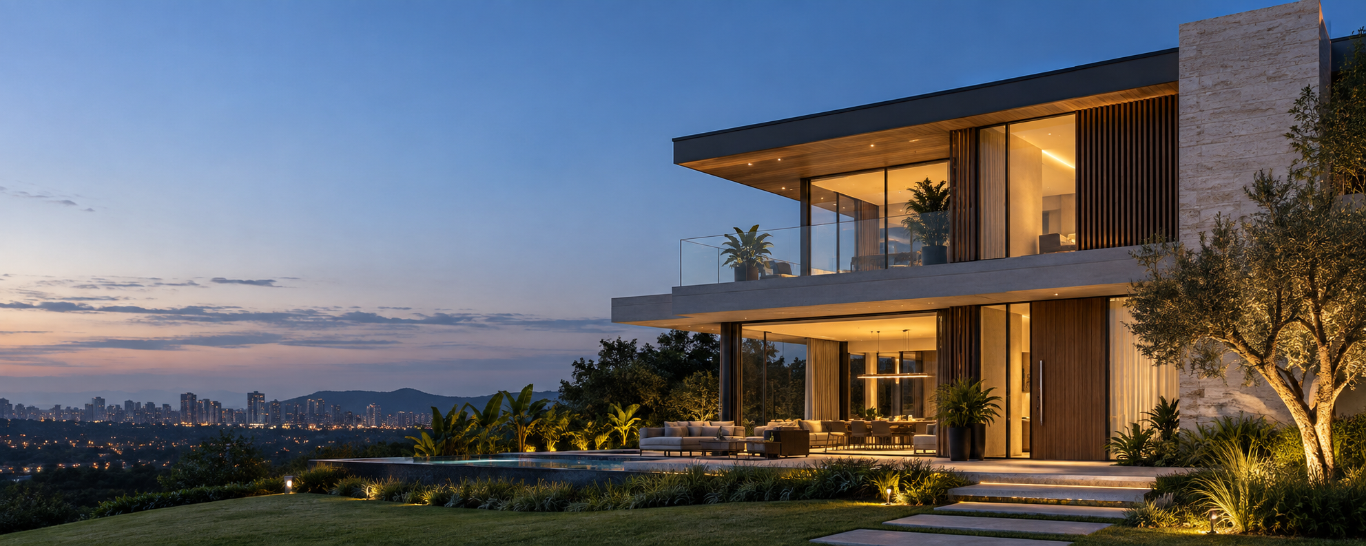 Residência contemporânea iluminada ao entardecer